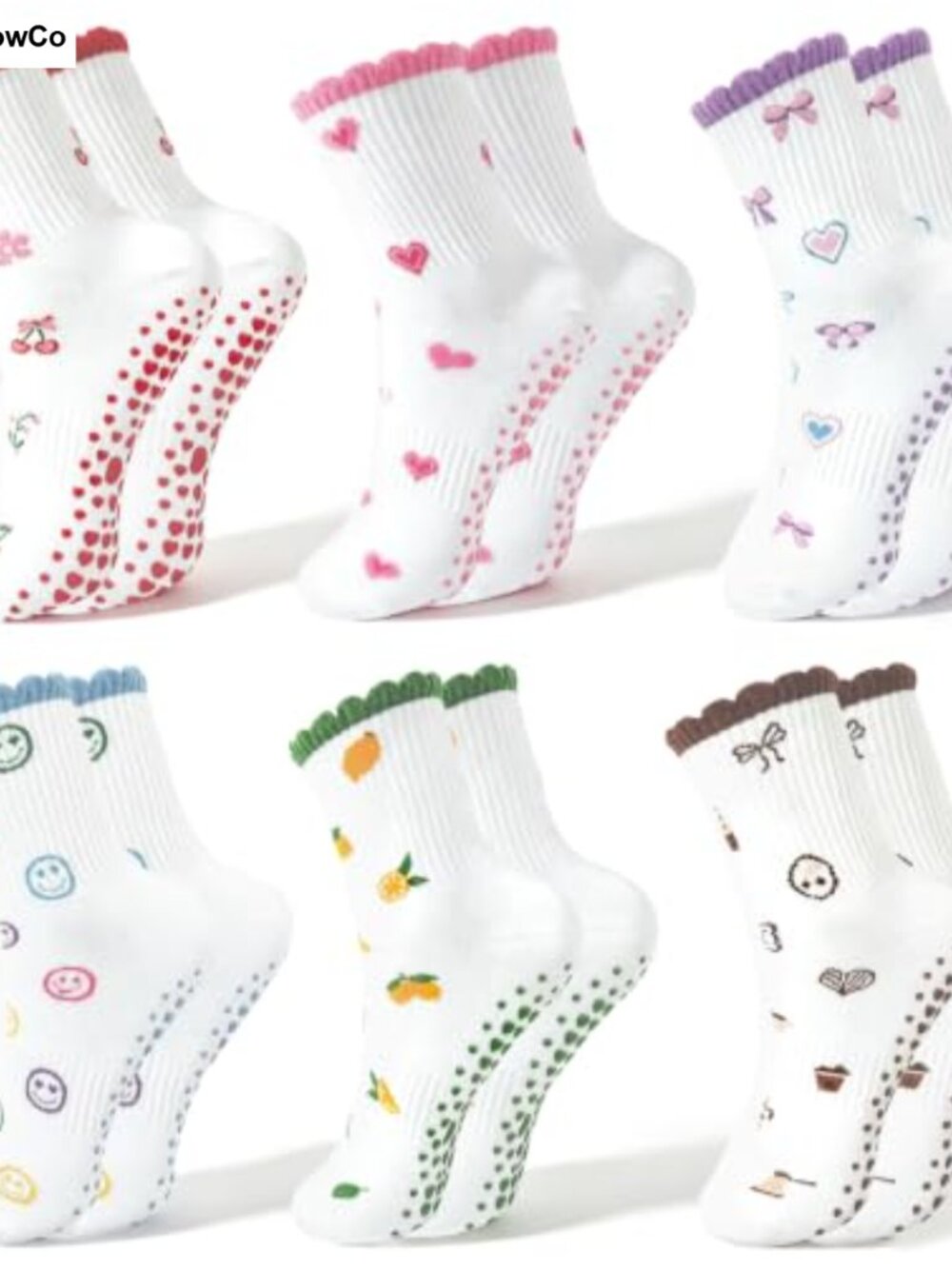 6 Pairs Cute Ruffle Pilates Yoga Socks Non Slip Cotton Grippy Athletic Crew